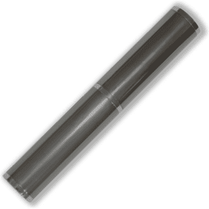 A sleek grey pen tube with silver accents, featuring a smooth cylindrical design and branding.