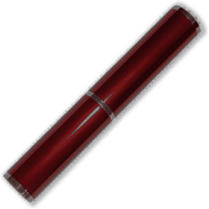 A red pen tube with a glossy finish and a silver accent, featuring a logo.