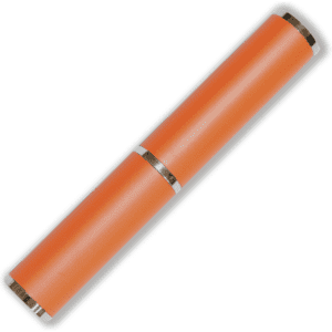 An orange pen tube with silver accents, featuring a smooth cylindrical design and a logo.