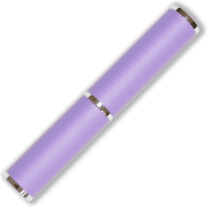 A purple pen tube with silver accents, featuring a logo on its surface.