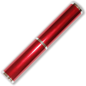 A red pen tube with silver accents, featuring a sleek cylindrical design and a logo.