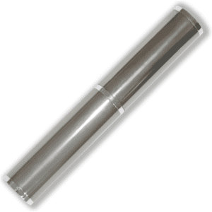 A sleek, silver pen tube with metallic ends and a shiny finish, featuring a logo.
