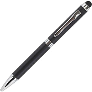 A black metal pen with a silver clip and accents, featuring a stylus tip. There is branding on the pen.