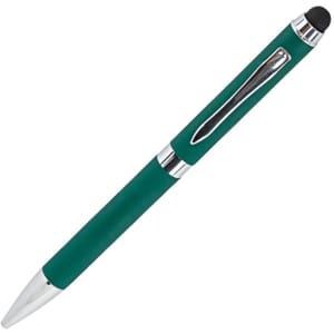 A metal pen with a green body, silver accents, and a touch screen stylus. It features a logo.