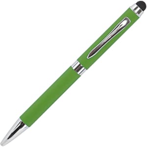 A green metal pen with a silver clip and tip, featuring a stylus on the end. It has a smooth finish and a logo.