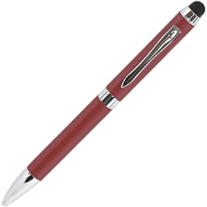 A metal pen in a deep red finish with a silver clip and a stylus tip. It features a branded logo.