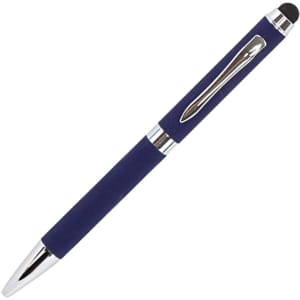 A metal pen with a navy blue grip and silver accents, featuring a stylus tip and a clip.