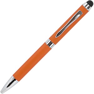 An orange metal pen with a chrome clip and a touchscreen stylus tip at one end.