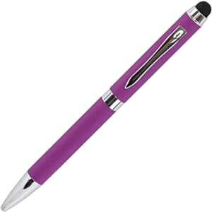 A metal pen with a purple barrel and chrome accents, featuring a touchscreen stylus tip and a clip.
