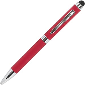 A red metal pen with a shiny silver clip and a black rubber tip for touchscreen use. It features branding on the barrel.