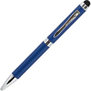 A blue metal pen with a silver clip and a stylus tip, featuring a logo.