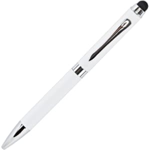 A white metal pen with a glossy finish and a silver clip, featuring a stylus tip at one end.