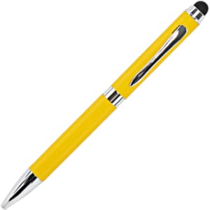 A yellow metal pen with chrome accents and a stylus tip, featuring a clip and a branding logo.
