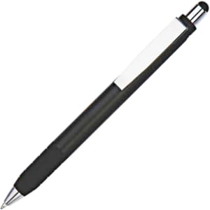 A black stylus pen with a silver clip and rubber tip for touchscreens. It features a simple design and has a branding logo.