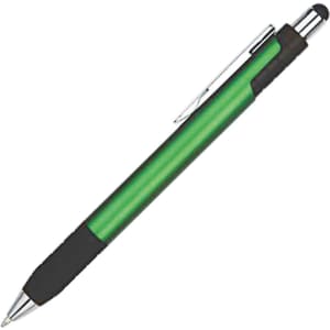 A green stylus pen with a silver tip and black grip. It features a clip and a logo on its body.