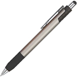 A stylus pen in silver and black with a smooth finish and a rubber grip. It features a clip and a logo.