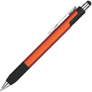 An orange stylus pen with a black grip and silver accents, featuring a clip and a branding logo.