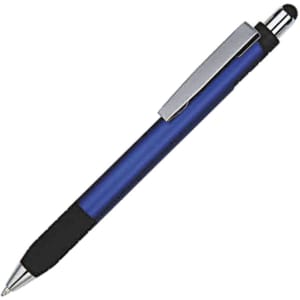 A blue stylus pen with a silver clip and a black rubber grip, featuring a logo on the barrel.