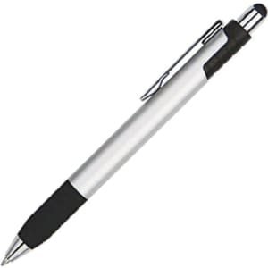 A silver stylus pen with a black grip and clip, featuring a rounded tip and a logo on the body.
