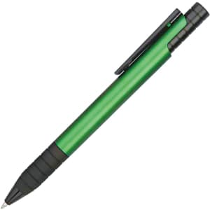 A plastic pen featuring a green barrel and black grip, complete with a clip and a logo.