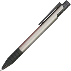 A silver plastic pen with a black rubber grip and a clip on the side, featuring branding.
