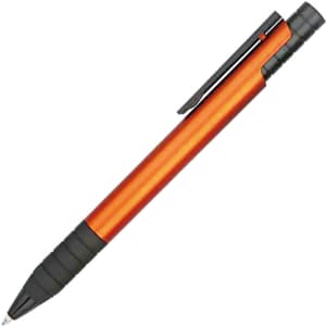 An orange plastic pen with a black grip and clip, featuring a logo on its side.