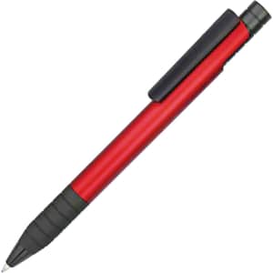 A red plastic pen with a black rubber grip and a clip on top. It features a sleek design and has a logo.