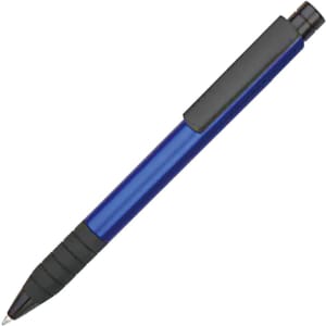 A blue plastic pen with a black grip and clip, featuring a logo on the side.