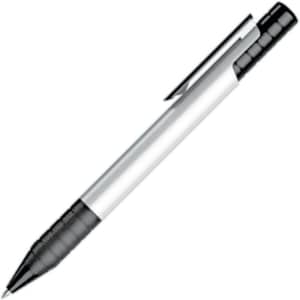 A plastic pen with a silver barrel and black grip and tip, featuring a clip and logo.