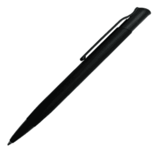 A black metal pen with a smooth finish and a clip. It features a logo on its body.