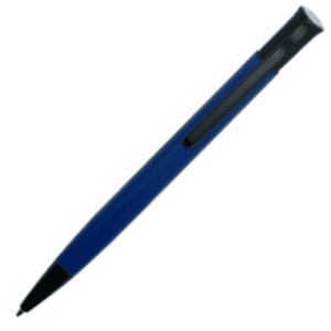 A blue metal pen with a black cap and clip, featuring a logo on its body.