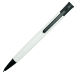 A metal pen with a sleek white body and black accents, featuring a logo on the side.