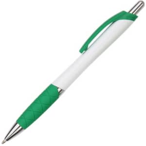 A plastic pen with a white body and a green grip, featuring a metal clip and trim.