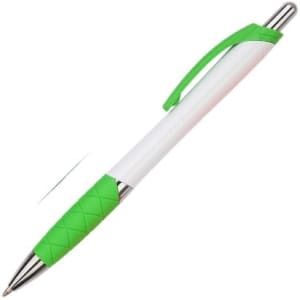 A plastic pen with a green grip and clip, featuring a white barrel and silver tip. It has a logo.