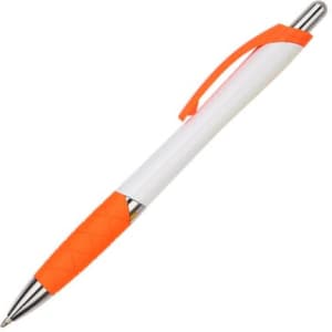 A plastic pen featuring a white body and vibrant orange grip and accents, with a silver clip and nib.