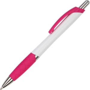 A plastic pen with a white barrel, pink grip, and pink clip, featuring a silver trim and logo.