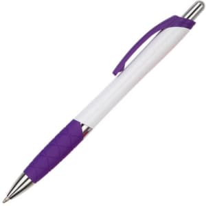 A purple and white plastic pen with a textured grip and a clip. The pen has a shiny silver tip.