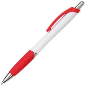 A plastic pen featuring a white barrel and a textured red grip, complemented by a red clip and silver accents.