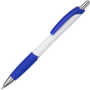 A plastic pen with a white body and blue accents, featuring a textured grip and chrome trim.