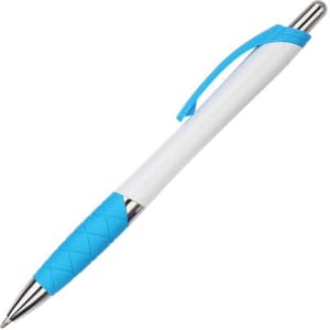 A plastic pen with a white body, blue accents, and a textured grip. It features a clip and a metallic tip.