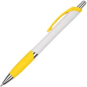 A plastic pen with a white barrel and yellow grip and clip, featuring a shiny silver tip and branding.