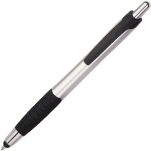 A silver and black stylus pen featuring a comfortable grip and a sleek design. The pen also includes a logo.