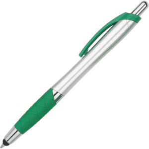 A sleek silver pen with a green grip and clip, featuring a smooth design ideal for writing.