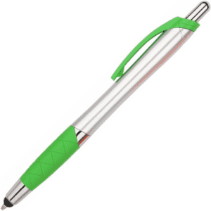 A stylus pen featuring a silver barrel and a green grip, complete with a branding logo.