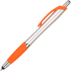 A stylus pen featuring a silver body and an orange rubber grip, with a clip and branding.