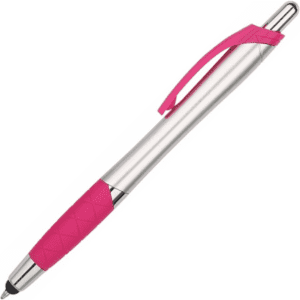 A stylus pen featuring a shiny silver body and a pink textured grip, with a pink clip.