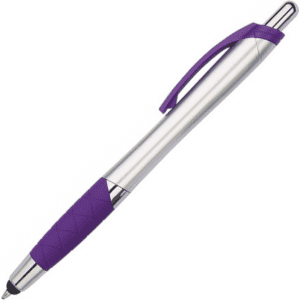 A stylus pen with a silver body and a purple grip, featuring a logo on the clip.