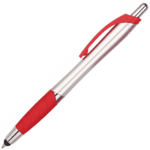 A stylus pen with a silver body and a red rubber grip, featuring a clip and a logo.