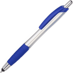 A stylus pen in silver and blue with a textured grip and a chrome tip, featuring a logo on the barrel.