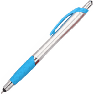 A stylus pen with a metallic silver body and a blue rubber grip, featuring a clip and a logo.
